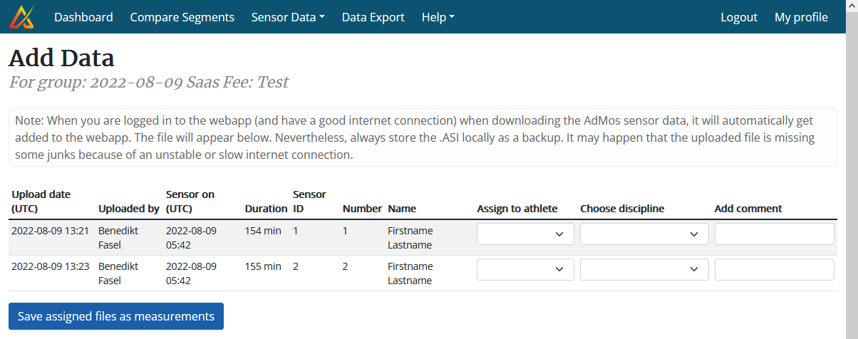 Screenshot of the add data page for selecting the AdMos measurements to assign to an athlete.
