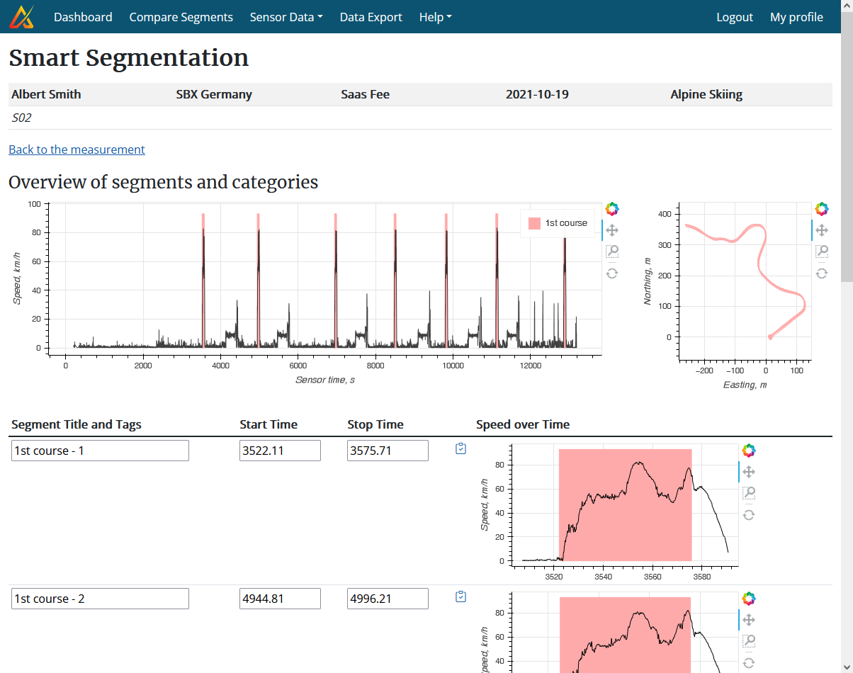 Screenshot of an alpine skiing smart segmentation result